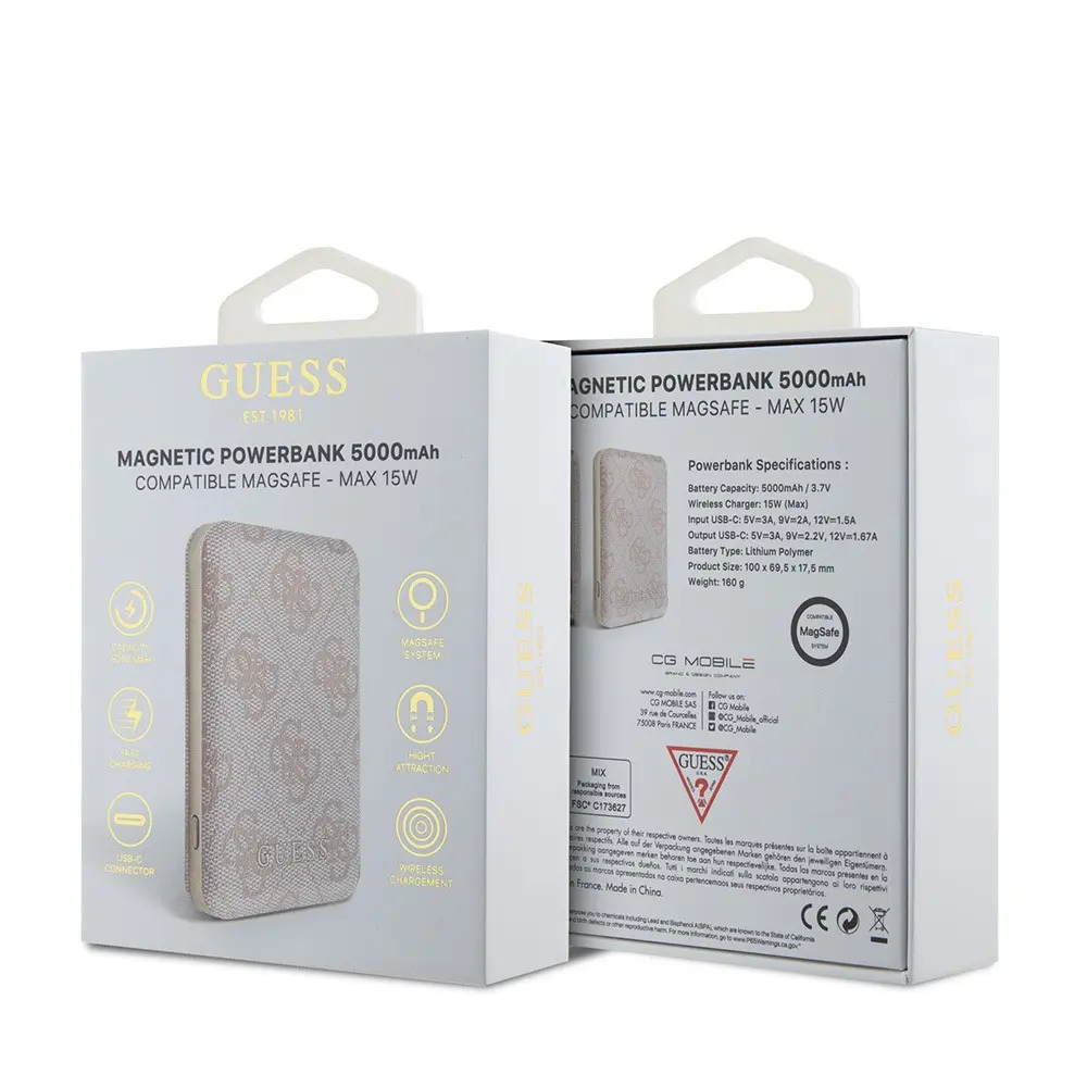 Guess 4G Desenli 5000 mAh MagSafe Uyumlu Kablosuz Powerbank, 15 W