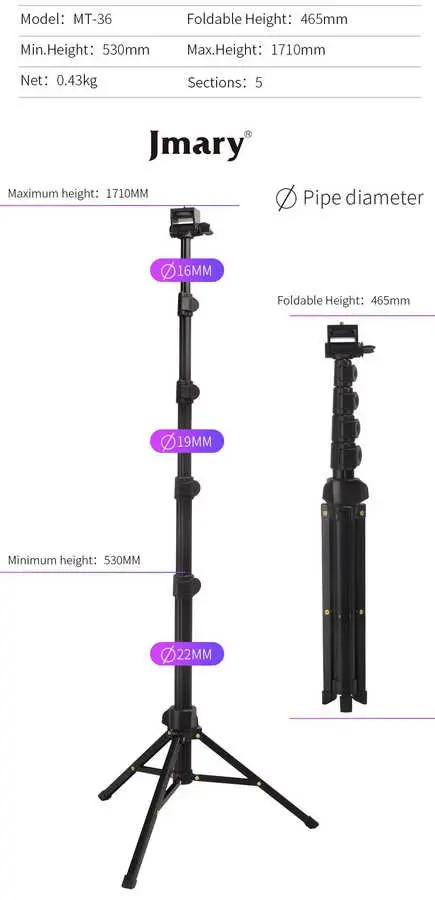 Jmary MT-36 Tripod, 171 cm Yükseklik ve 360 Derece Dönebilen Başlık