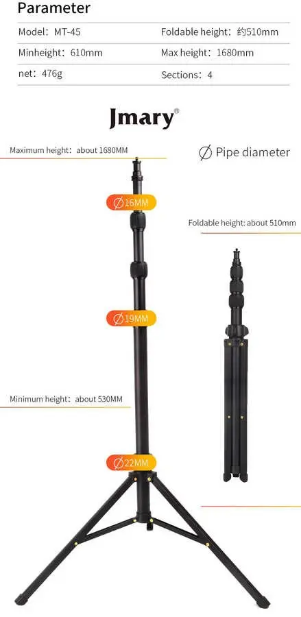 Jmary MT-45 Tripod, 168 cm Yükseklik ve 360 Derece Dönebilen Başlık