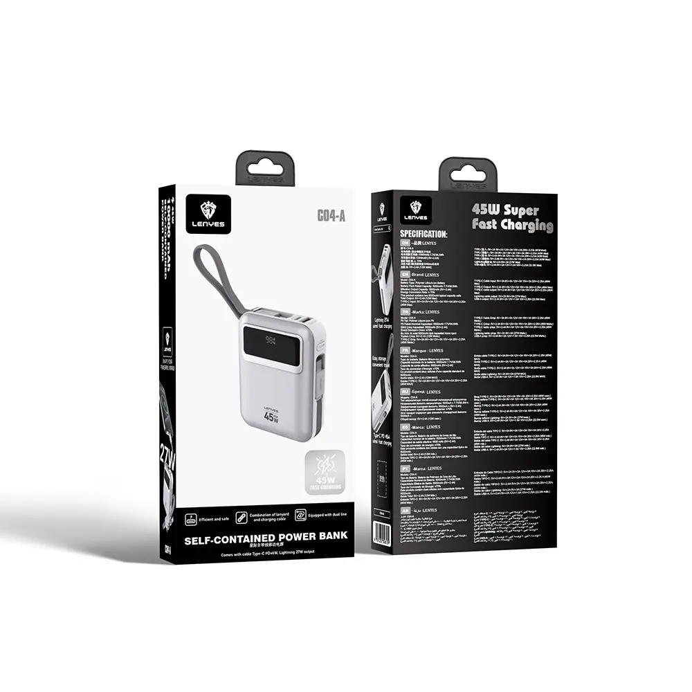 Lenyes C04-A 20000mAh 45W Powerbank, Type-C ve Lightning Kablolu