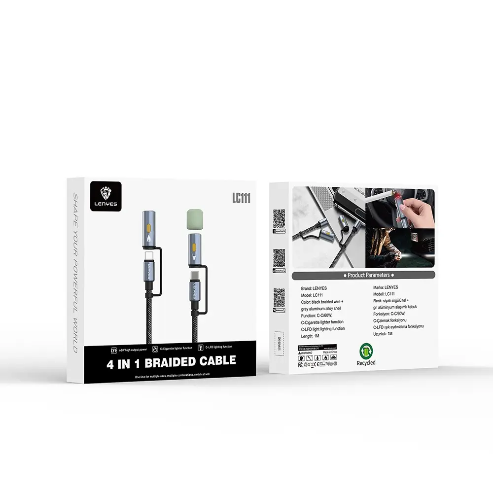 Lenyes LC111 4'ü 1 Arada 60W Şarj Kablosu, Fener ve Çakmaklı 1 m