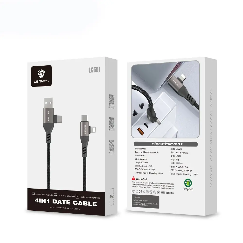 Lenyes LC501 4'ü 1 Arada 60W Şarj ve Data Kablosu, 1 m