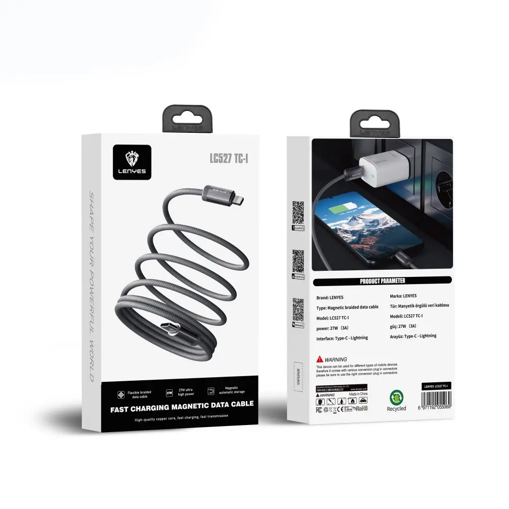 Lenyes LC527 Type-C to Lightning Manyetik Örgülü Şarj ve Data Kablosu 27W 1M
