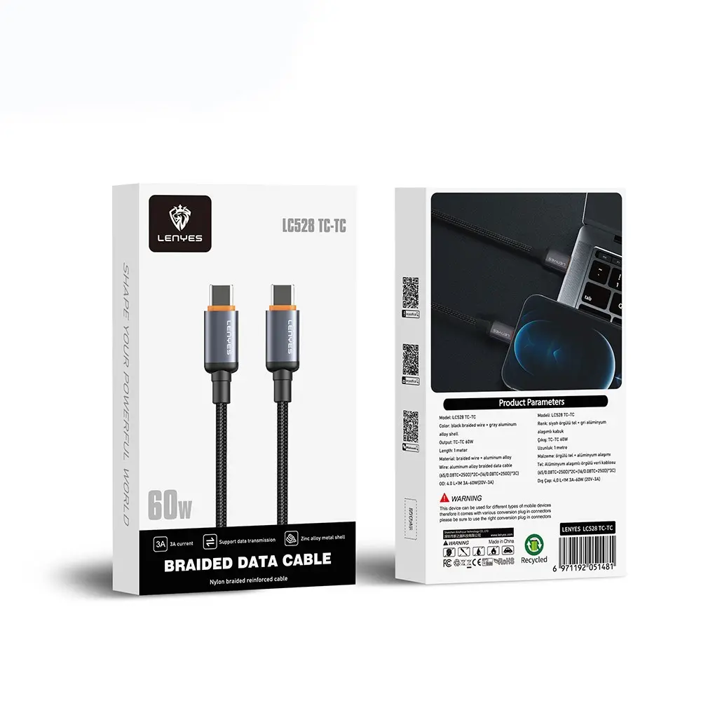 Lenyes LC528 Type-C to Type-C Örgülü Şarj ve Data Kablosu, 60W 1 m