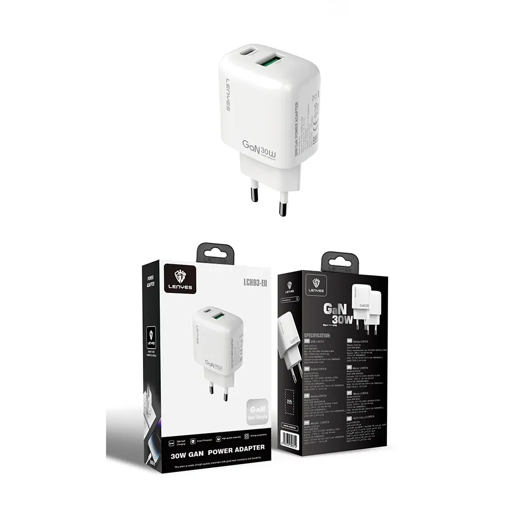 Lenyes LCH93 30W GaN Şarj Adaptörü, Type-C ve USB Çift Çıkışlı