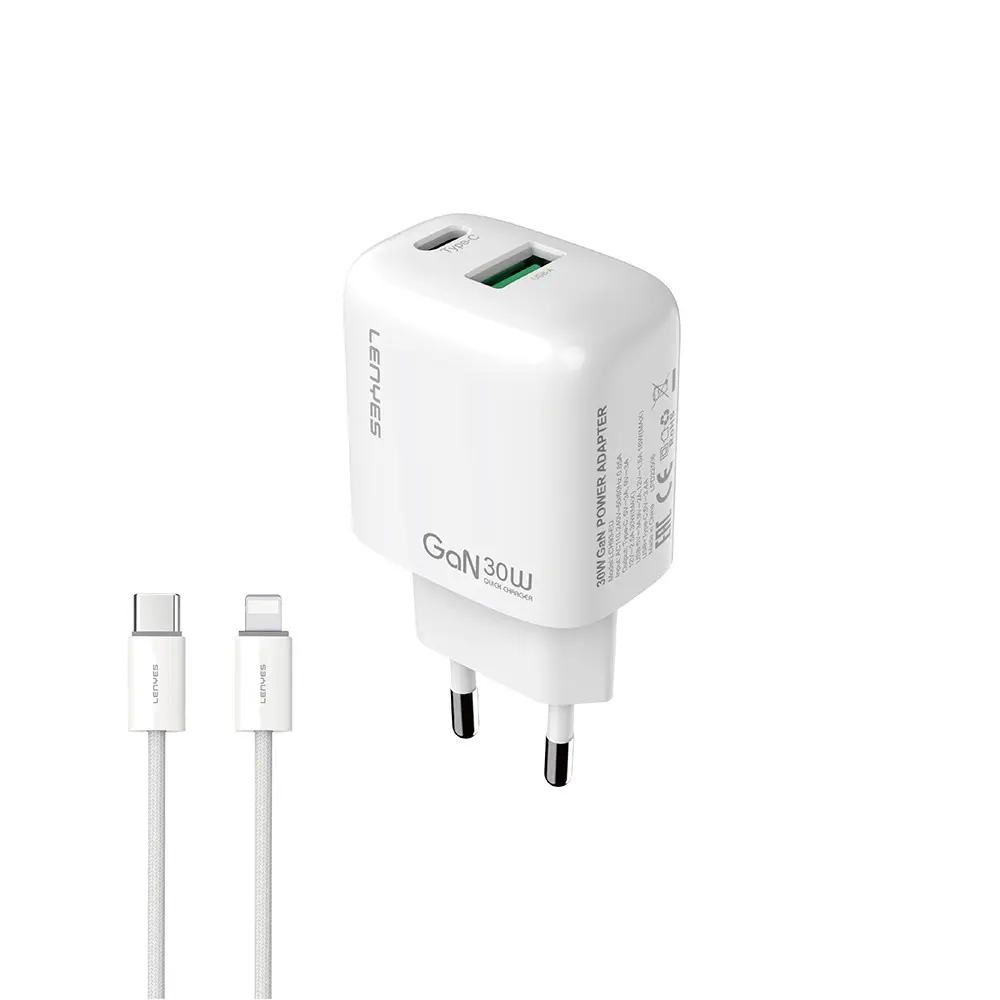 Lenyes LCH93-TC-L 30W GaN PD Şarj Adaptörü ve Type-C to Lightning Kablo Seti