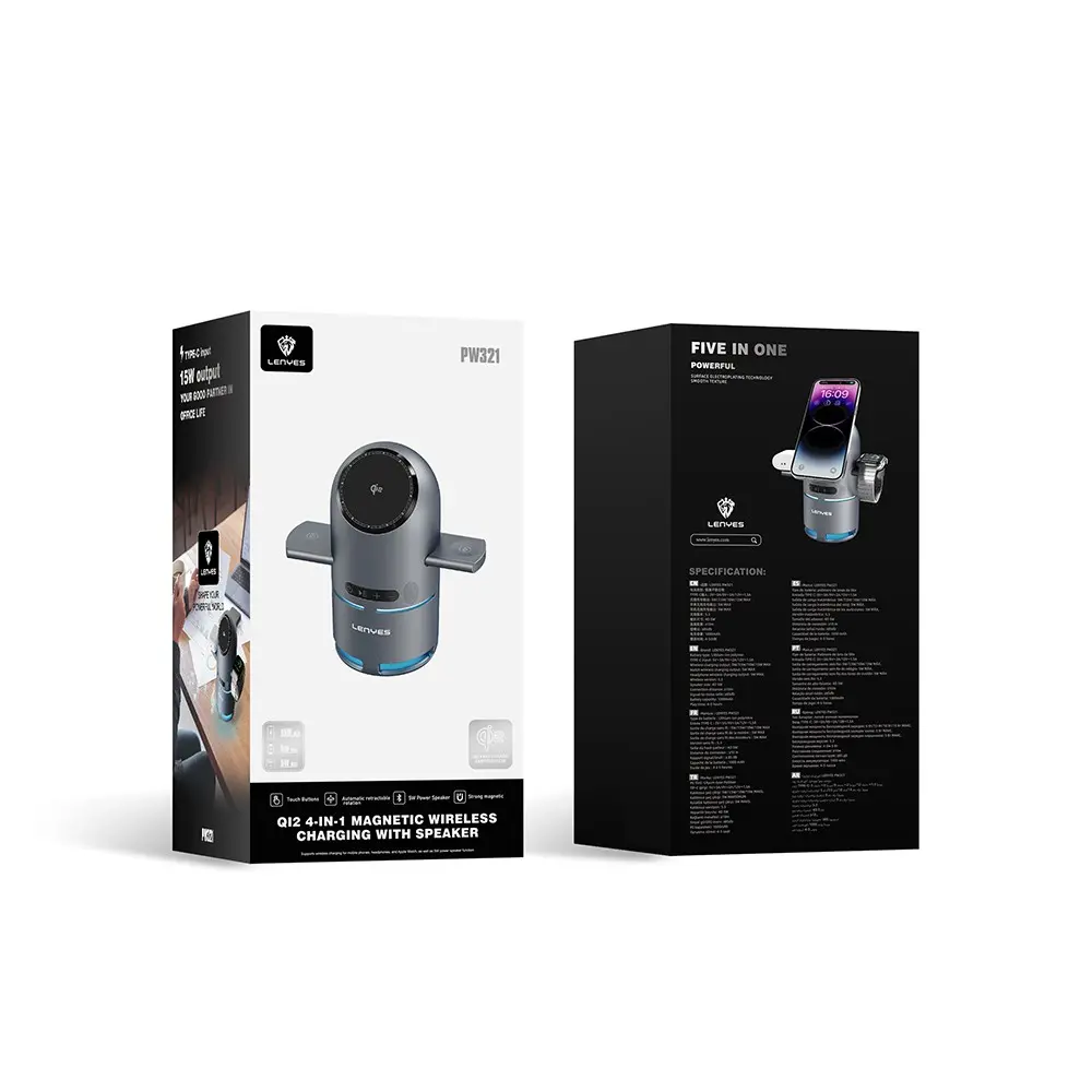 Lenyes PW321 Qi2 4'ü 1 Arada Kablosuz Şarj Standı, Bluetooth Hoparlörlü