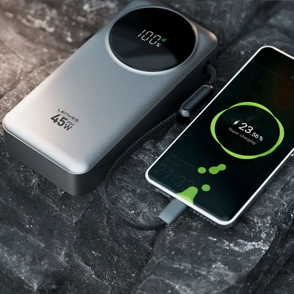 Lenyes PX279D 20.000mAh Powerbank, 45W PD ve Dahili Lightning Kablo