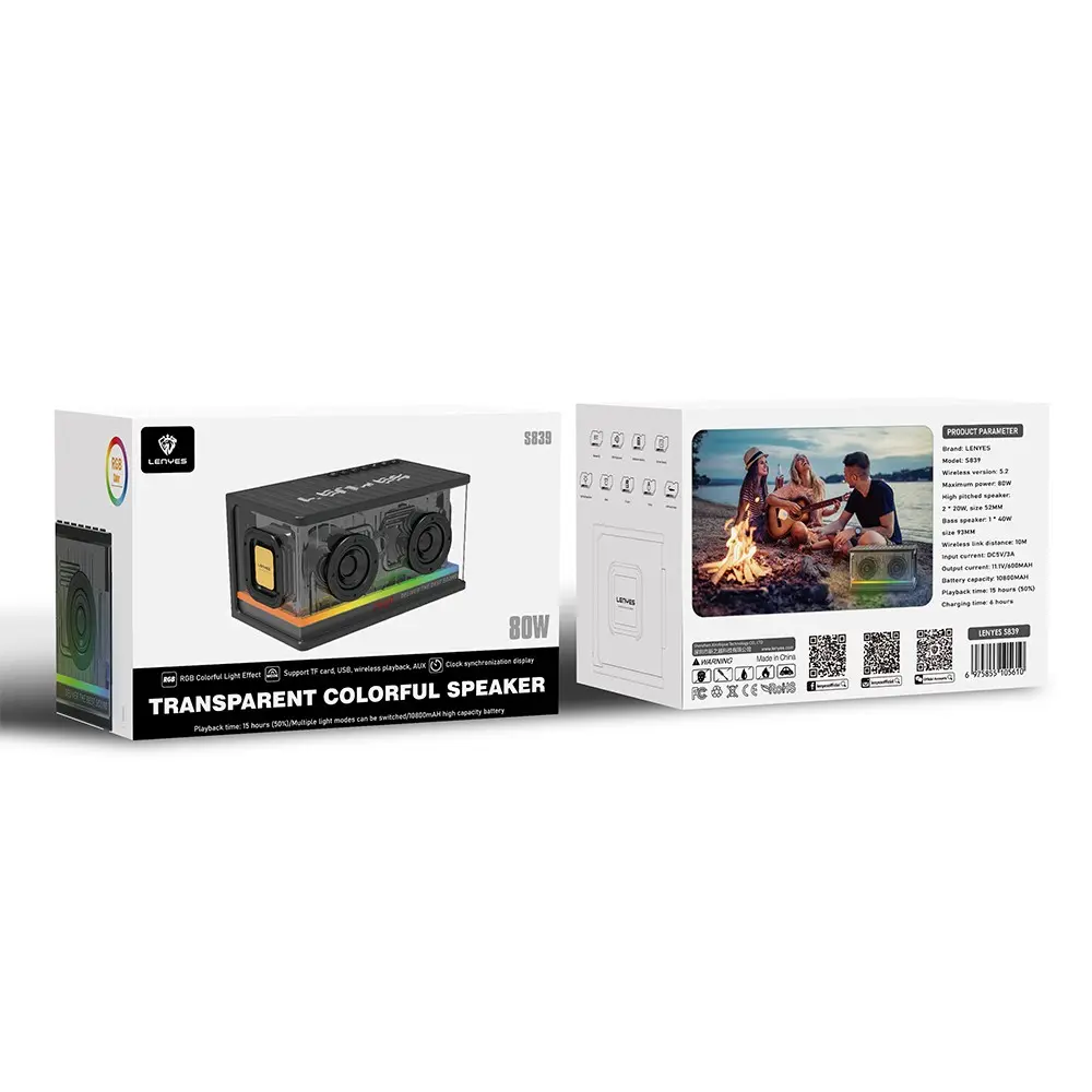 Lenyes S839 RGB Işıklı Taşınabilir Bluetooth Hoparlör, 80W ve TWS