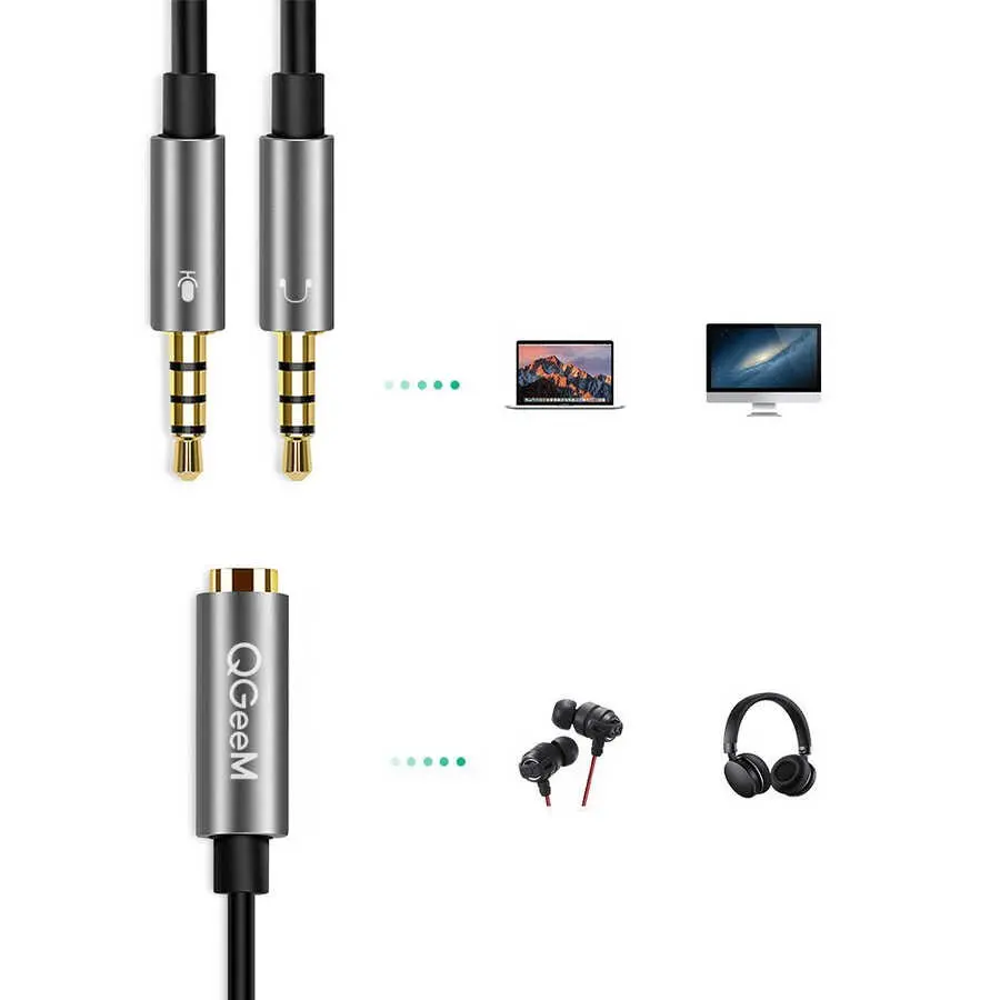 Qgeem QG-AU06 3.5 mm Çoğaltıcı Ses Kablosu, Mikrofon Destekli 15 cm