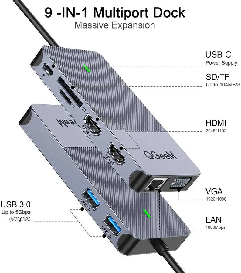 Qgeem QG-D3908 USB Hub, 2x HDMI, VGA, RJ45 Ethernet ve SD Kart Okuyuculu