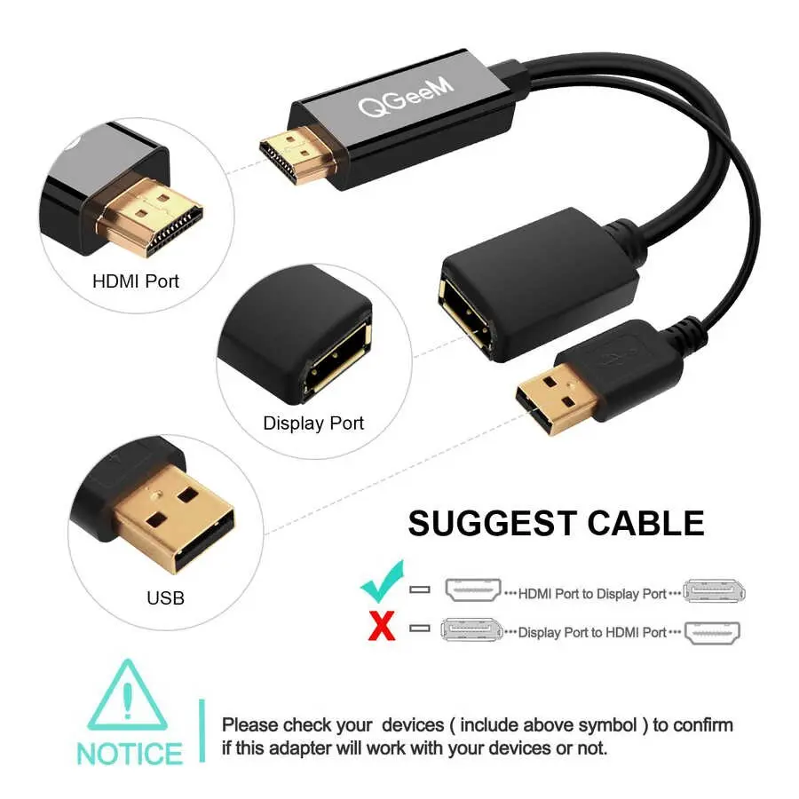 Qgeem QG-HD01 HDMI to DisplayPort Dönüştürücü, 15 cm