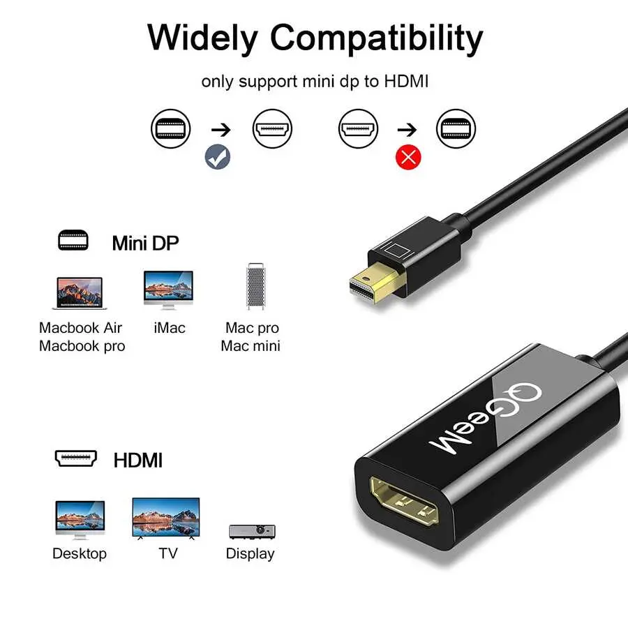 Qgeem QG-HD10 Mini DisplayPort to HDMI Dönüştürücü, 1080P