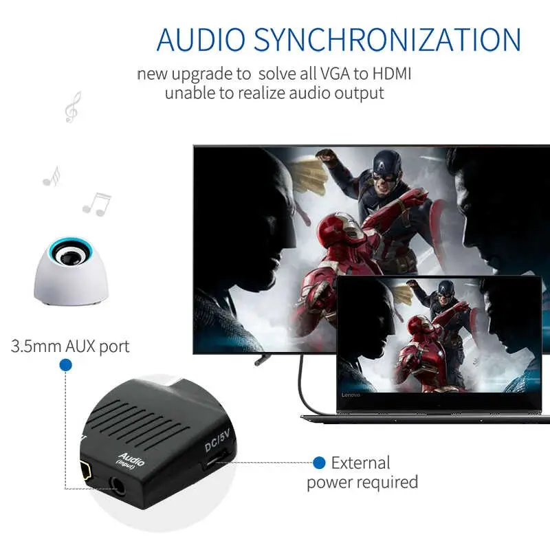 Qgeem QG-HD12 VGA to HDMI Dönüştürücü, 1080P 60 Hz ve 3.5 mm Ses Girişi