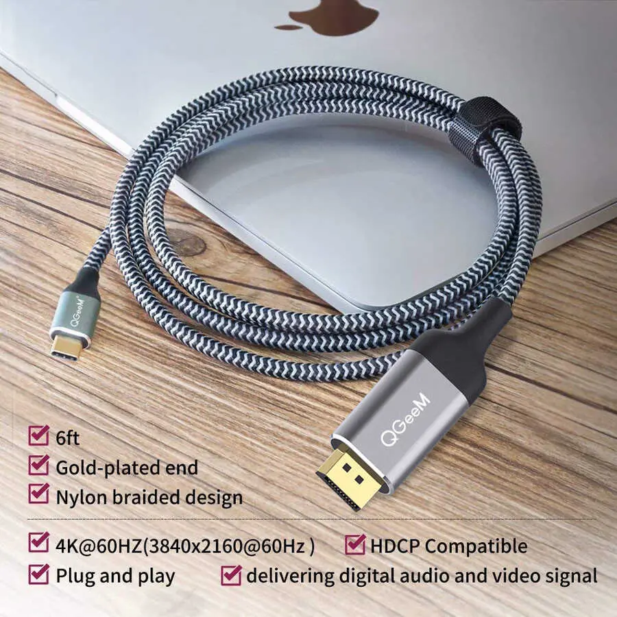 Qgeem QG-UA13 Type-C to DisplayPort Görüntü Kablosu, 4K 60 Hz