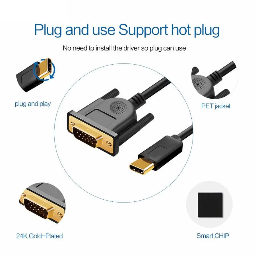 Qgeem QG-UA17 Type-C to VGA Adaptör Kablosu, 1080p 60Hz 1.2 m