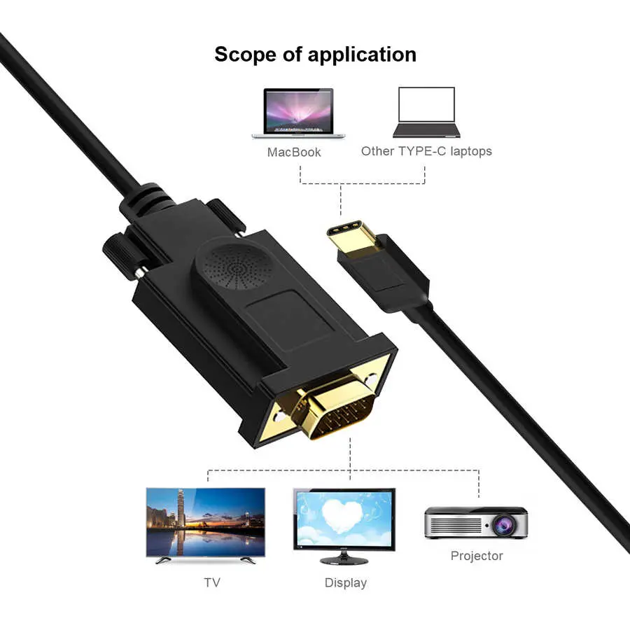 Qgeem QG-UA17 Type-C to VGA Adaptör Kablosu, 1080p 60Hz 1.8 m