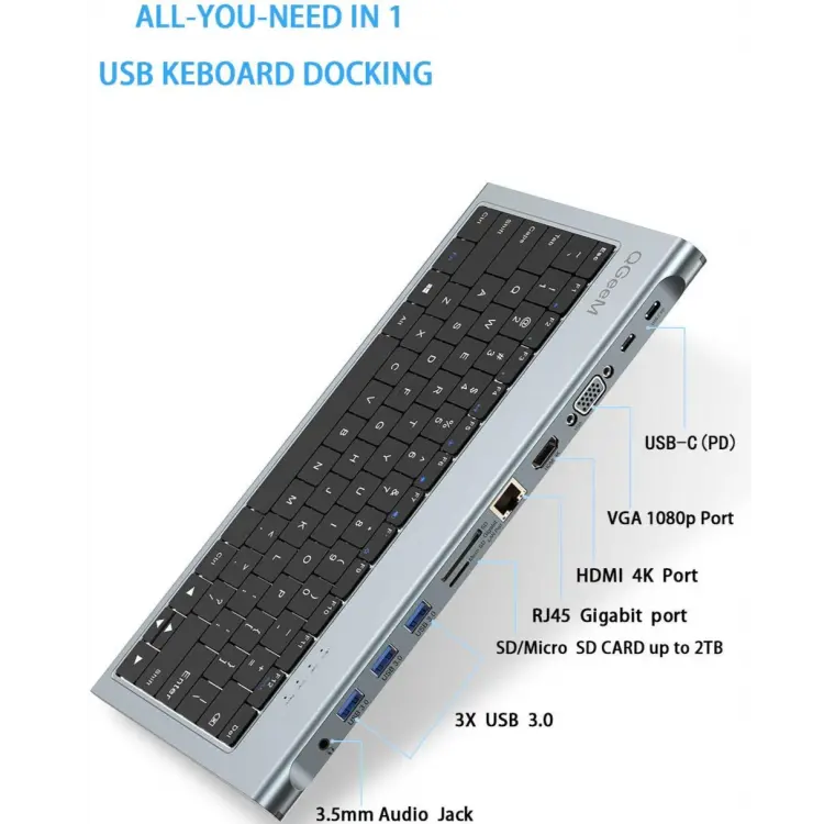Qgeem QG-UH-11-2 Type-C Hub Klavye, 11 Portlu ve 100W Güç Desteği