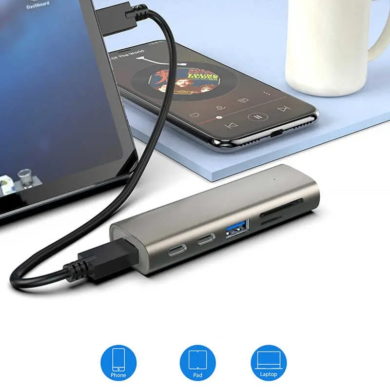 Qgeem QG-UH05 6'sı 1 Arada Type-C Hub, 22 cm, SD ve Micro SD Girişli