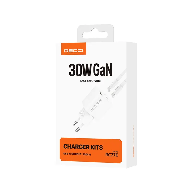 Recci RC77E GaN 30W USB-C PD Şarj Adaptörü ve Type-C Kablo Seti