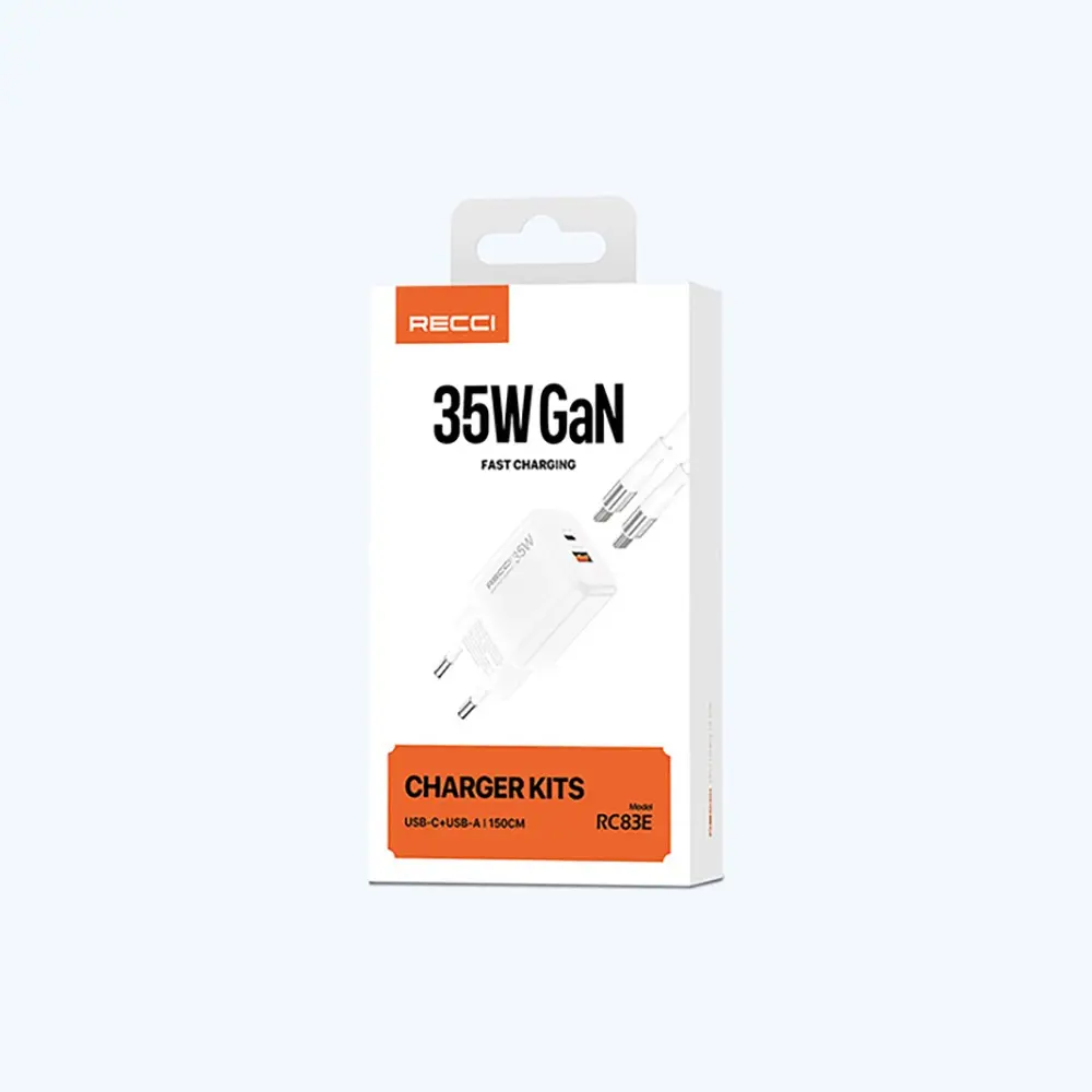 Recci RC83ECC GaN Şarj Adaptörü, 35 W USB-C ve USB-A Çıkışlı Set