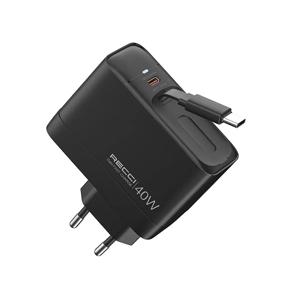 Recci RC102E GaN 40W Hızlı Şarj Adaptörü, Çift USB-C ve Entegre Kablo