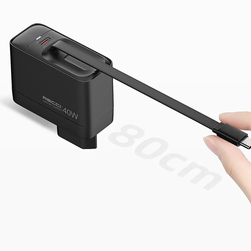 Recci RC102E GaN 40W Hızlı Şarj Adaptörü, Çift USB-C ve Entegre Kablo