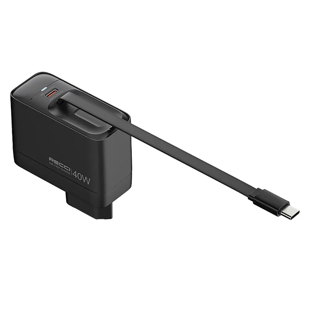 Recci RC102E GaN 40W Hızlı Şarj Adaptörü, Çift USB-C ve Entegre Kablo