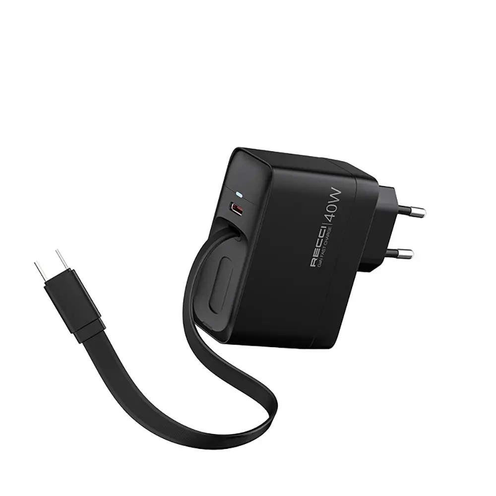 Recci RC102E GaN 40W Hızlı Şarj Adaptörü, Çift USB-C ve Entegre Kablo