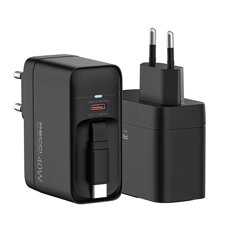 Recci RC102E GaN 40W Hızlı Şarj Adaptörü, Çift USB-C ve Entegre Kablo