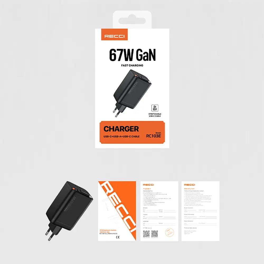Recci RC103E GaN 67W Hızlı Şarj Adaptörü ve Type-C Kablo Seti