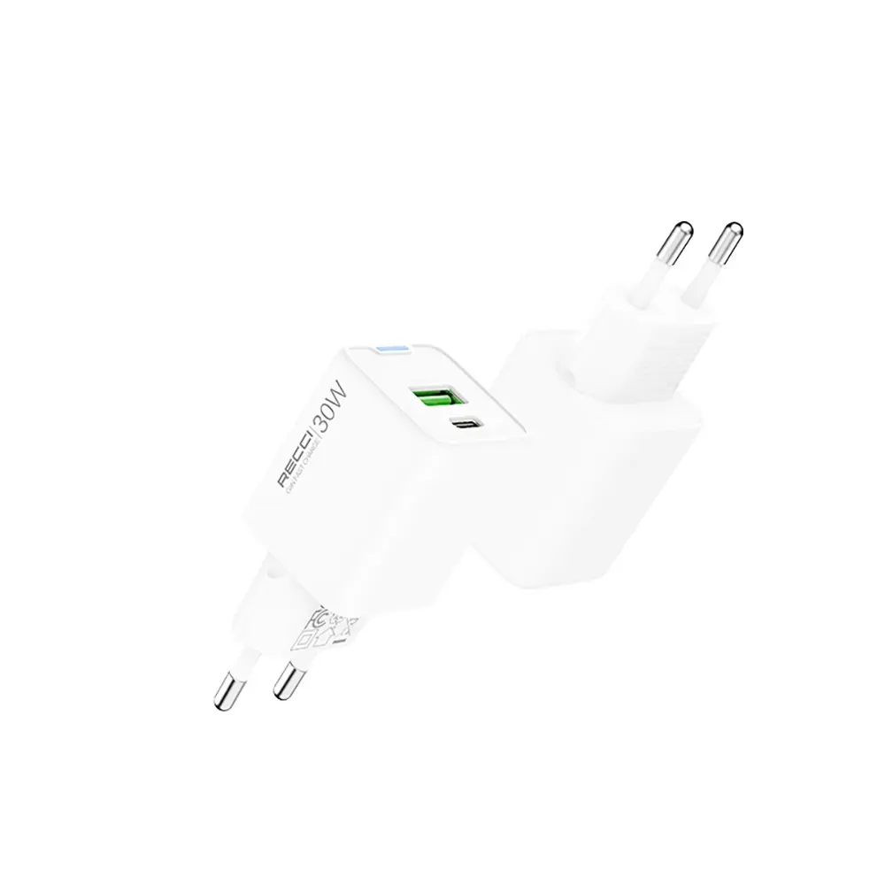Recci RC107E 30W GaN Hızlı Şarj Adaptörü, USB-C PD ve USB-A
