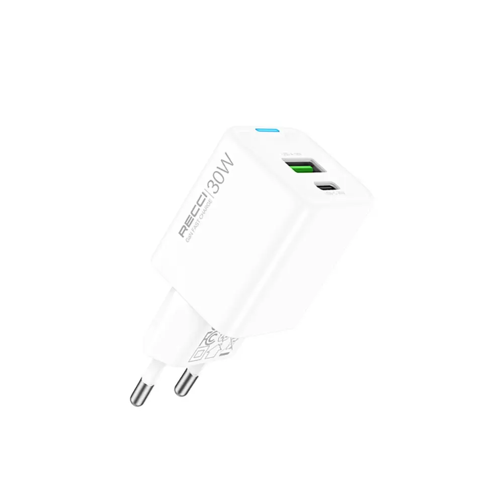 Recci RC107E 30W GaN Hızlı Şarj Adaptörü, USB-C PD ve USB-A