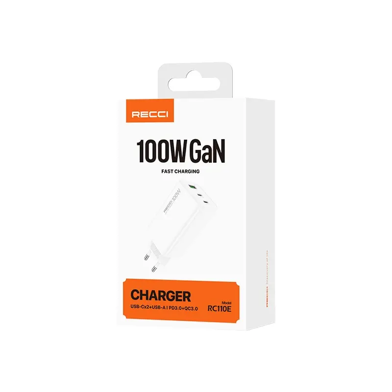 Recci RC110E 100W GaN Şarj Adaptörü, 2x USB-C ve USB-A, PD 3.0 ve QC 3.0