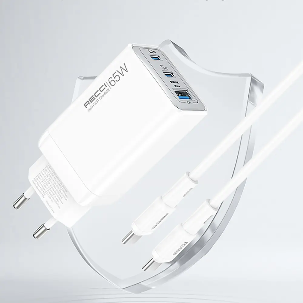 Recci RC123E GaN Şarj Adaptörü, 65W PD ve Type-C Kablo Seti