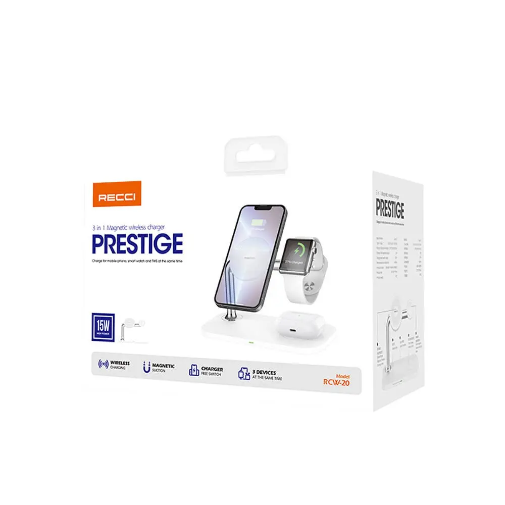 Recci RCW-20 Prestige 3'ü 1 Arada MagSafe Uyumlu 15W Kablosuz Şarj Standı