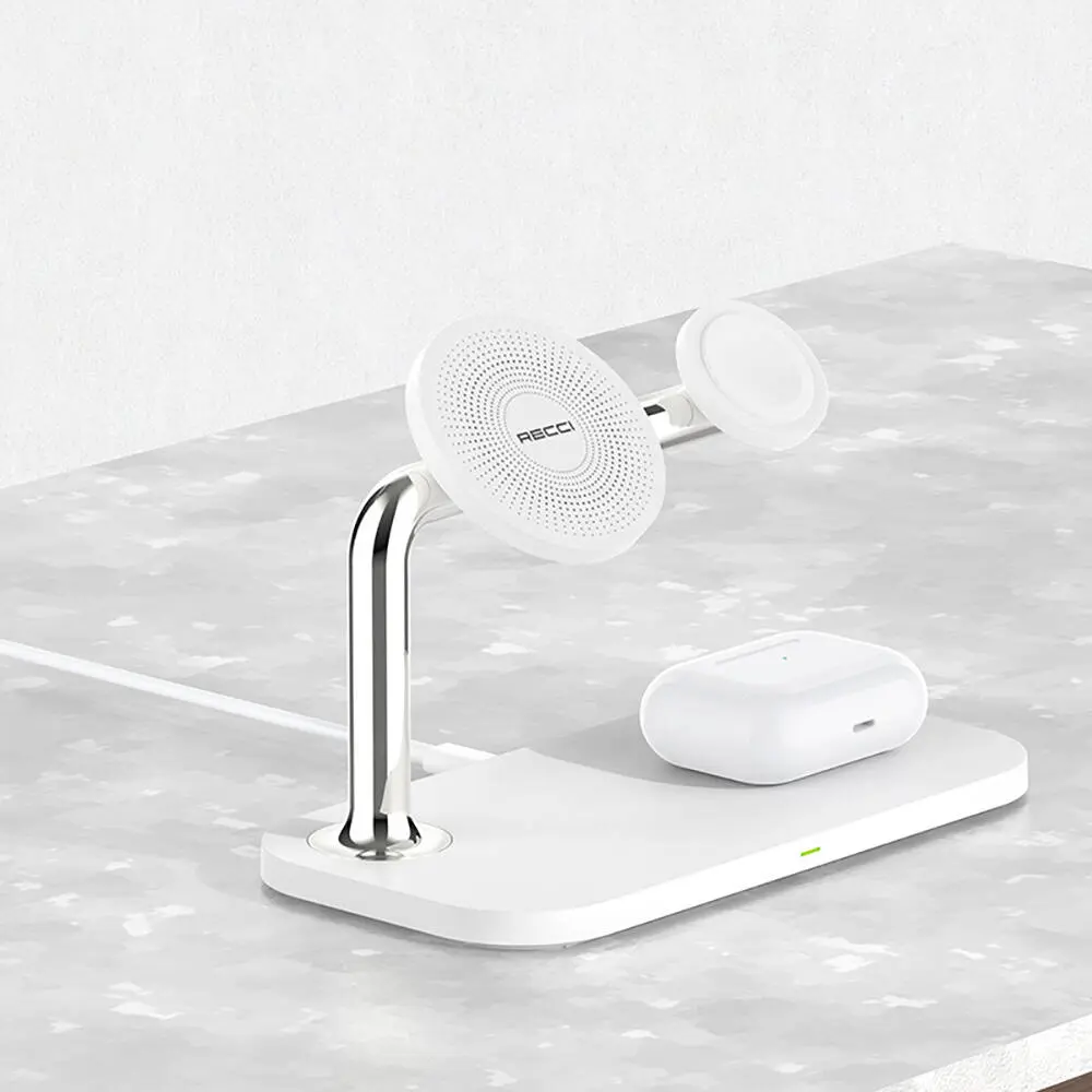 Recci RCW-20 Prestige 3'ü 1 Arada MagSafe Uyumlu 15W Kablosuz Şarj Standı