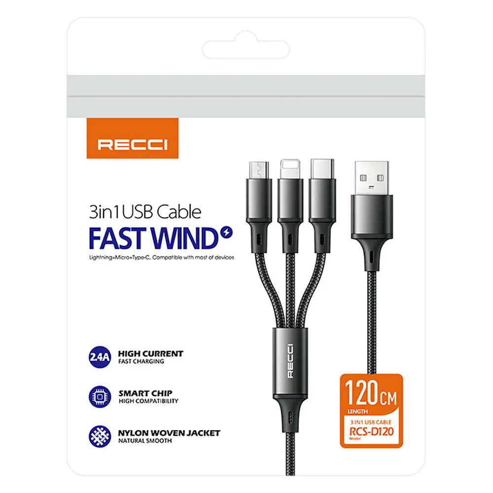 Recci RCS-D120 3in1 USB-A to Lightning Type-C Micro Şarj ve Data Kablosu 1.2M