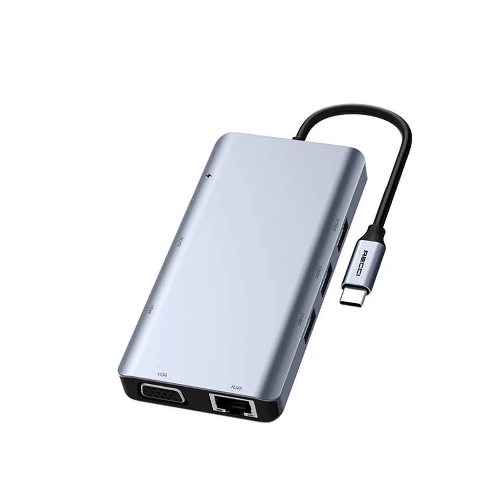 Recci RH09 9'i 1 Arada Type-C Hub, HDMI, VGA, RJ45 ve USB Girişli
