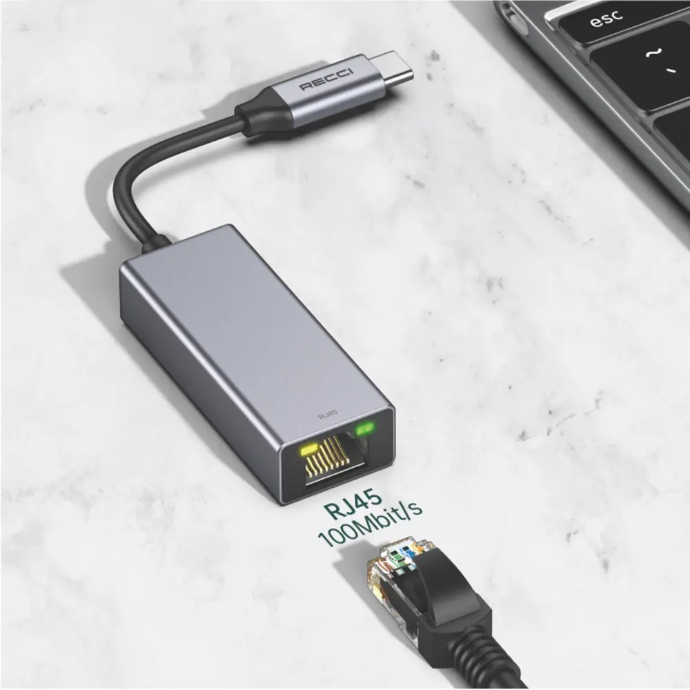 Recci RH10 RJ45 to Type-C Ethernet Dönüştürücü Kablo, 100 Mbps
