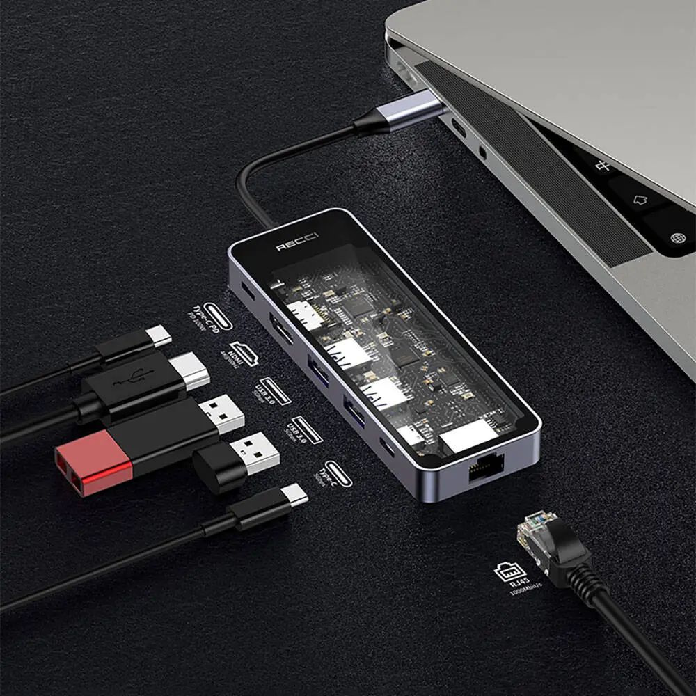 Recci RH17 6in1 Type-C Hub, HDMI + RJ45 + PD 100W