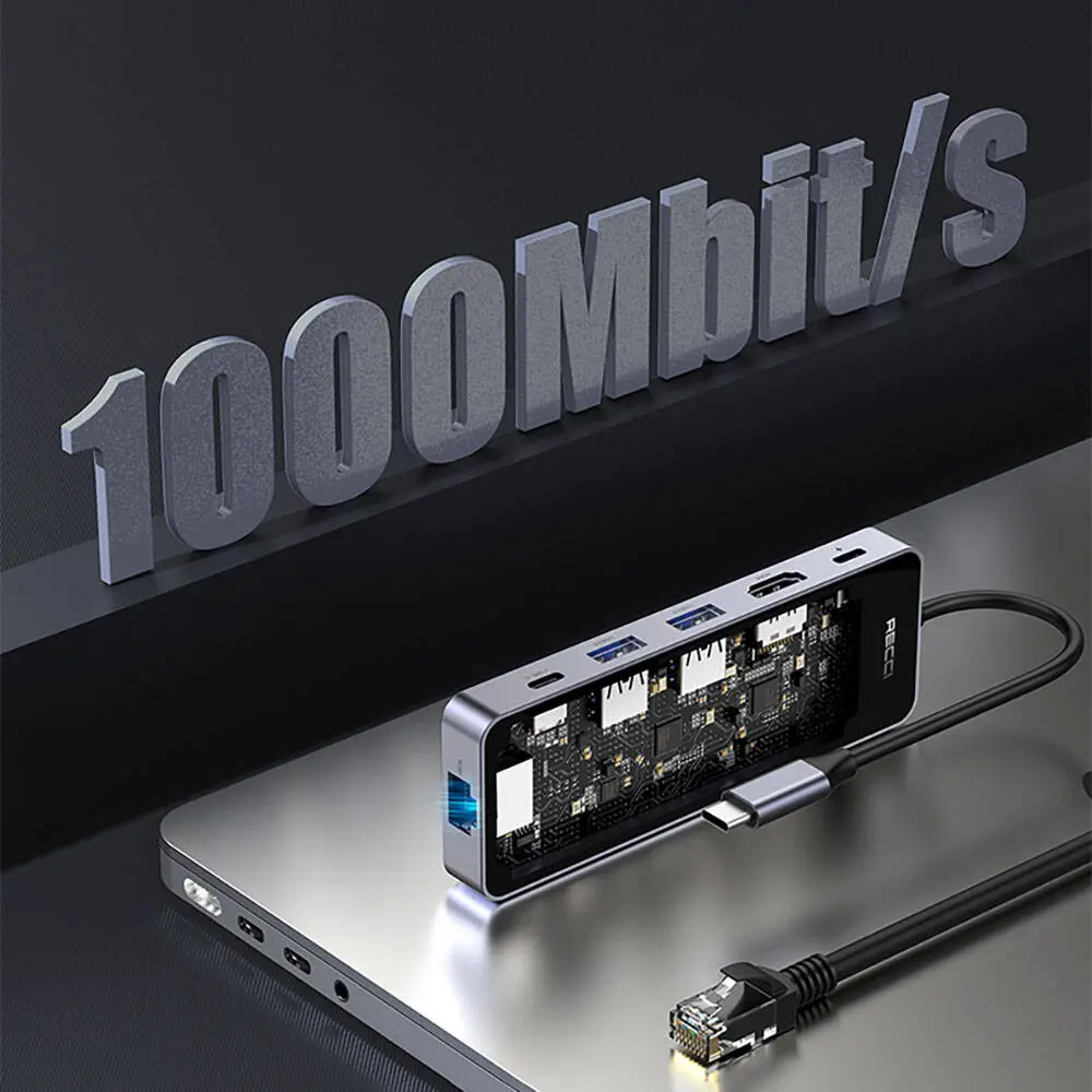 Recci RH17 6in1 Type-C Hub, HDMI + RJ45 + PD 100W