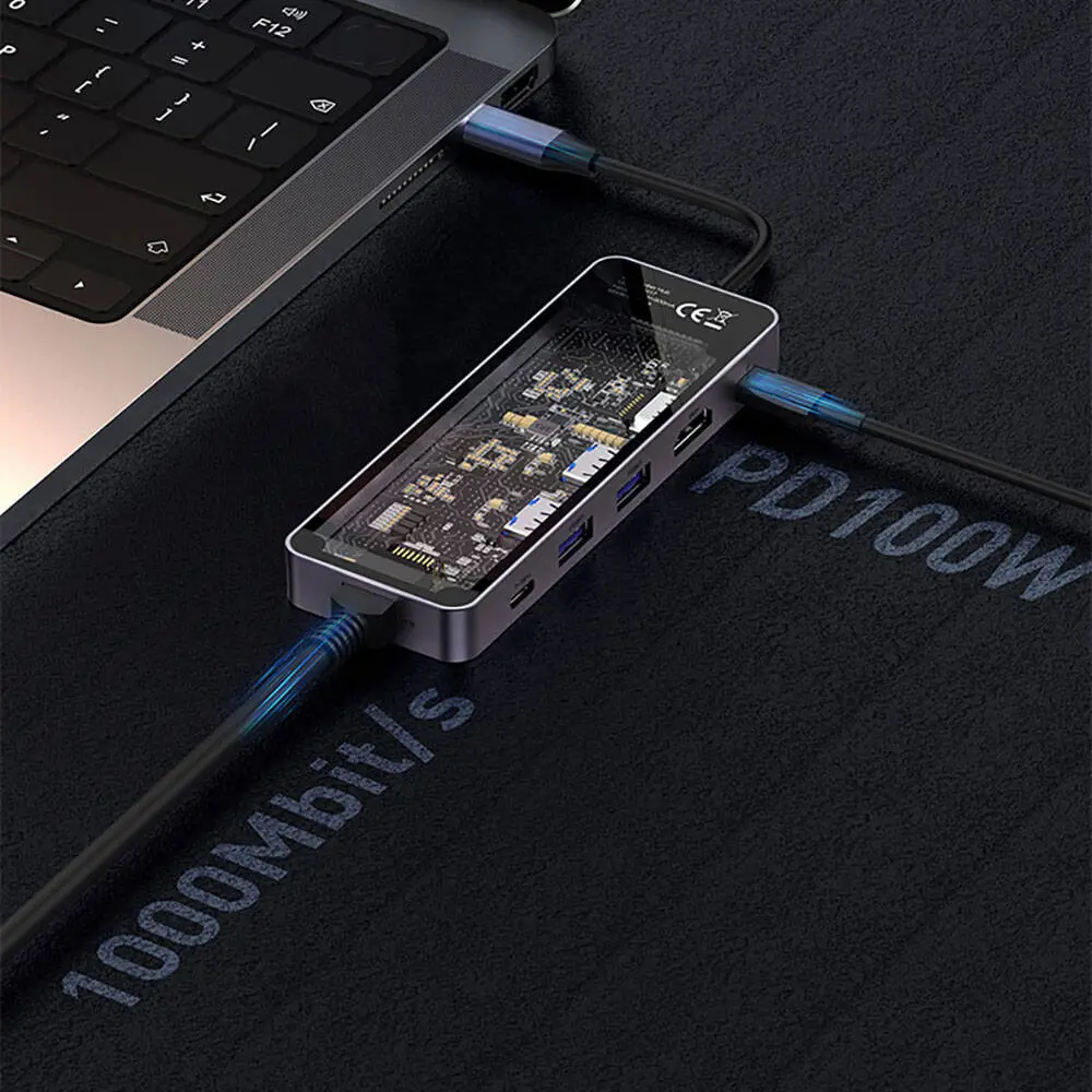 Recci RH17 6in1 Type-C Hub, HDMI + RJ45 + PD 100W