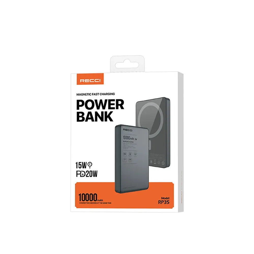 Recci RP35 10000mAh PD 20W Kablosuz Şarjlı Powerbank, LED Göstergeli