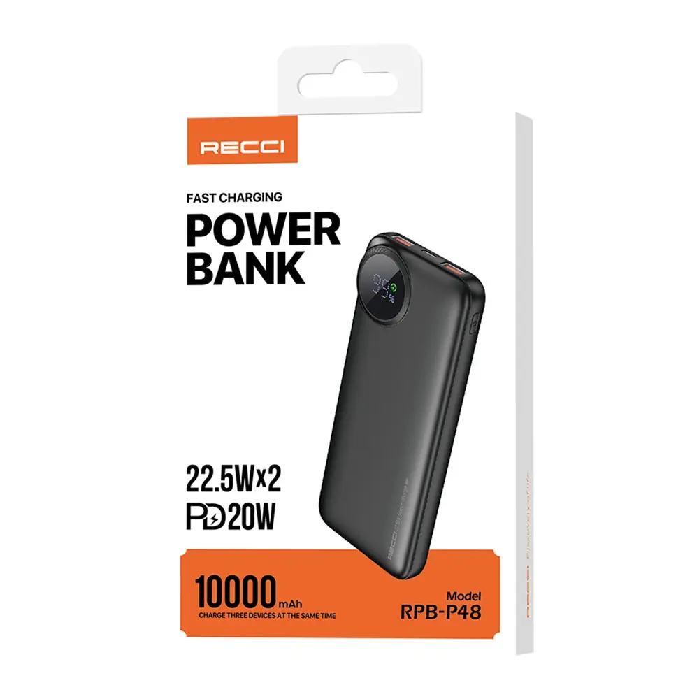 Recci RPB-P48 10000 mAh Powerbank, 22.5W ve PD 20W Hızlı Şarj