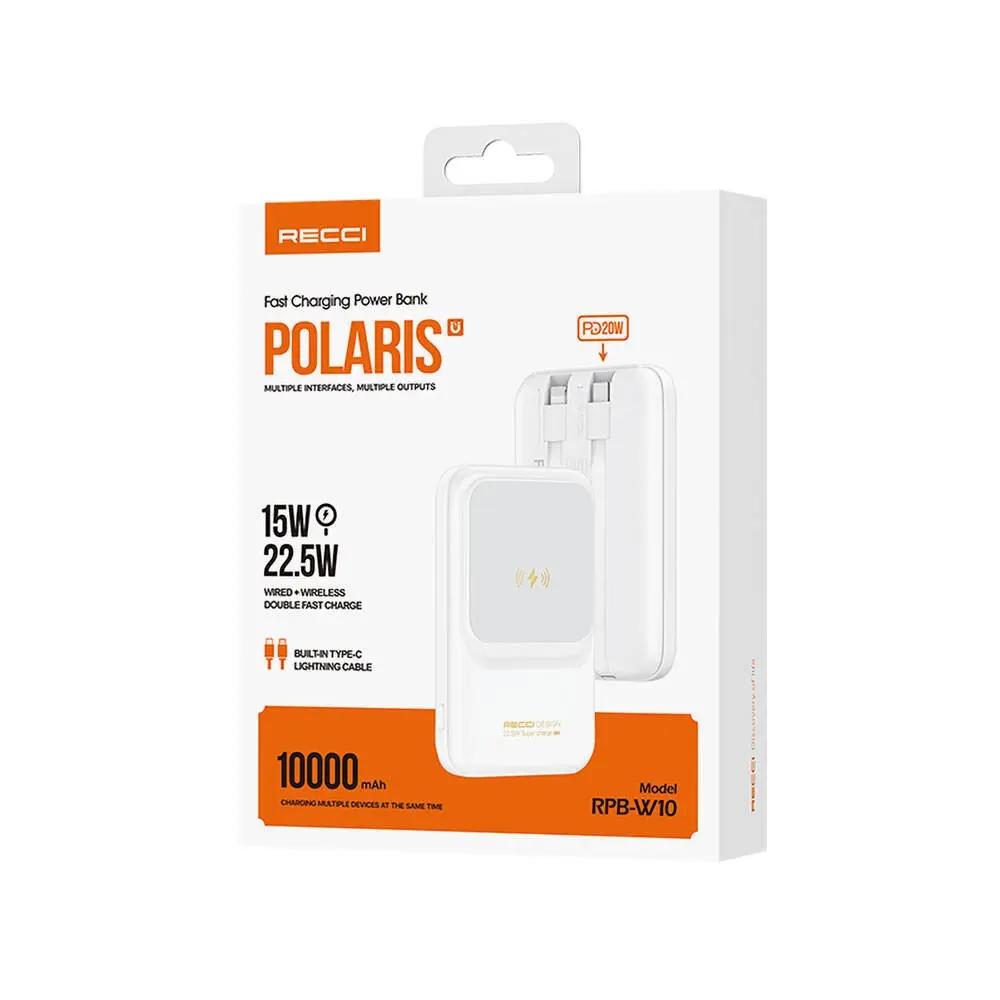 Recci RPB-W10 Polaris 10000mAh Kablosuz Powerbank, 22.5W ve Çift Kablo