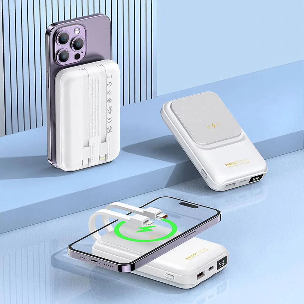 Recci RPB-W10 Polaris 10000mAh Kablosuz Powerbank, 22.5W ve Çift Kablo