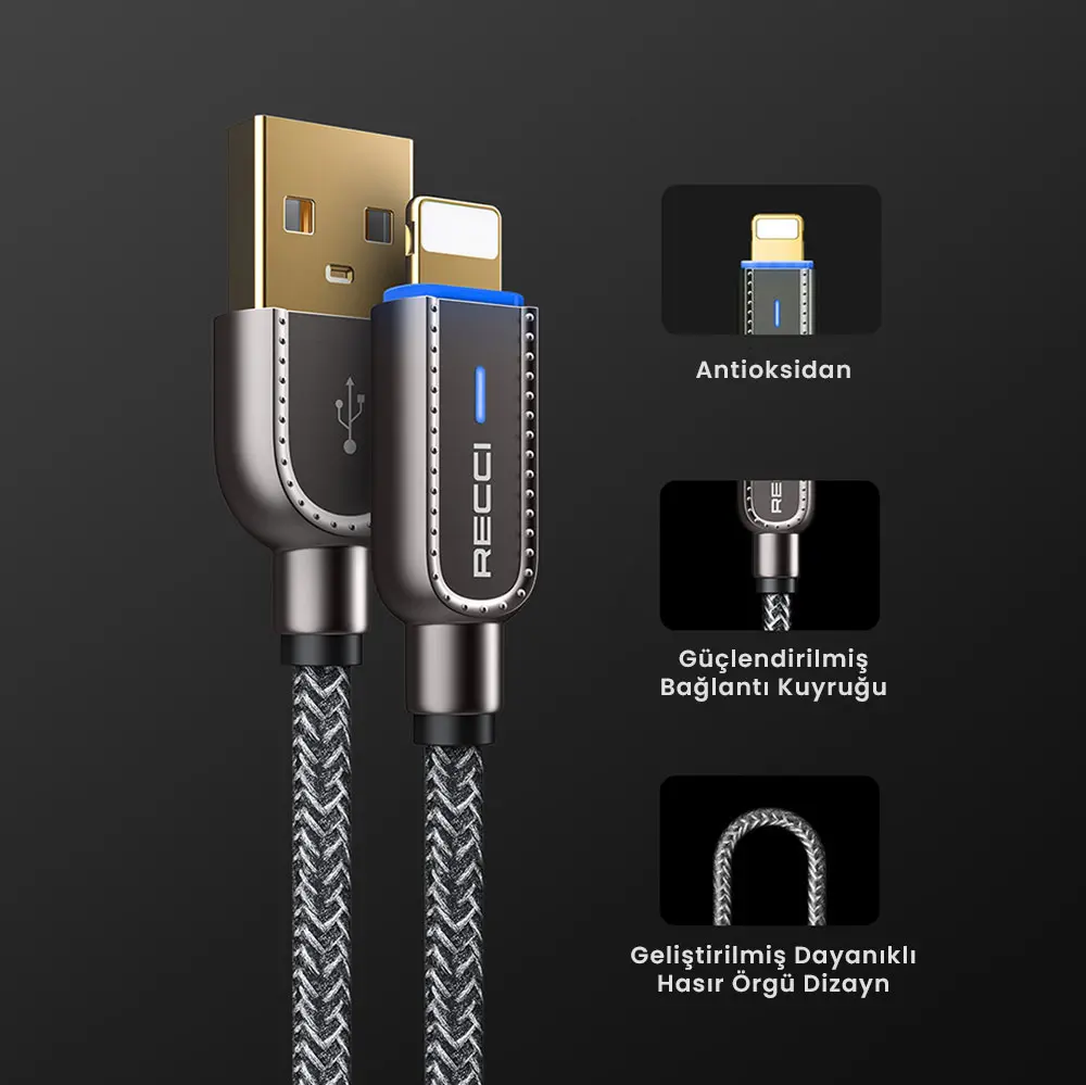 Recci RS02L Lightning to USB-A Şarj ve Data Kablosu, 1 m
