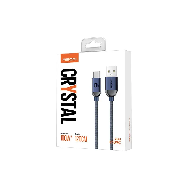 Recci RS09C Crystal Serisi USB-A to Type-C Şarj Kablosu, 100W, 1.2 m