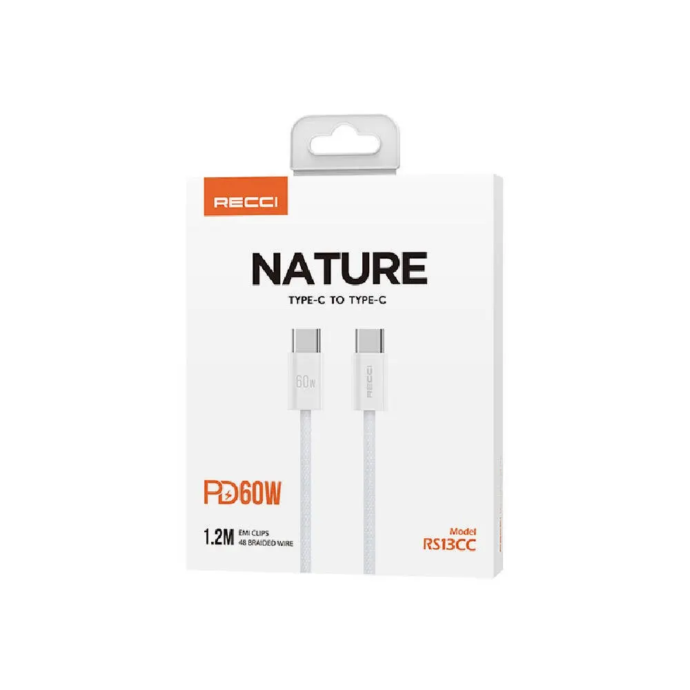 Recci RS13CC Nature Serisi Type-C to Type-C PD Şarj ve Data Kablosu, 60W, 1.2 m